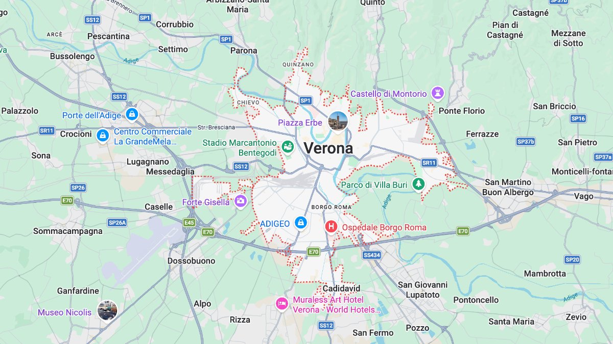 Mappa di Verona: cartina geografica con il centro storico nell'ansa dell'Adige, i quartieri e le strade principali